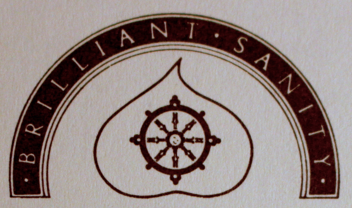 The Contemplative Psychotherapy crest - "Brilliant Sanity" in an arc, above a dharma wheel centered in a bodhi leaf