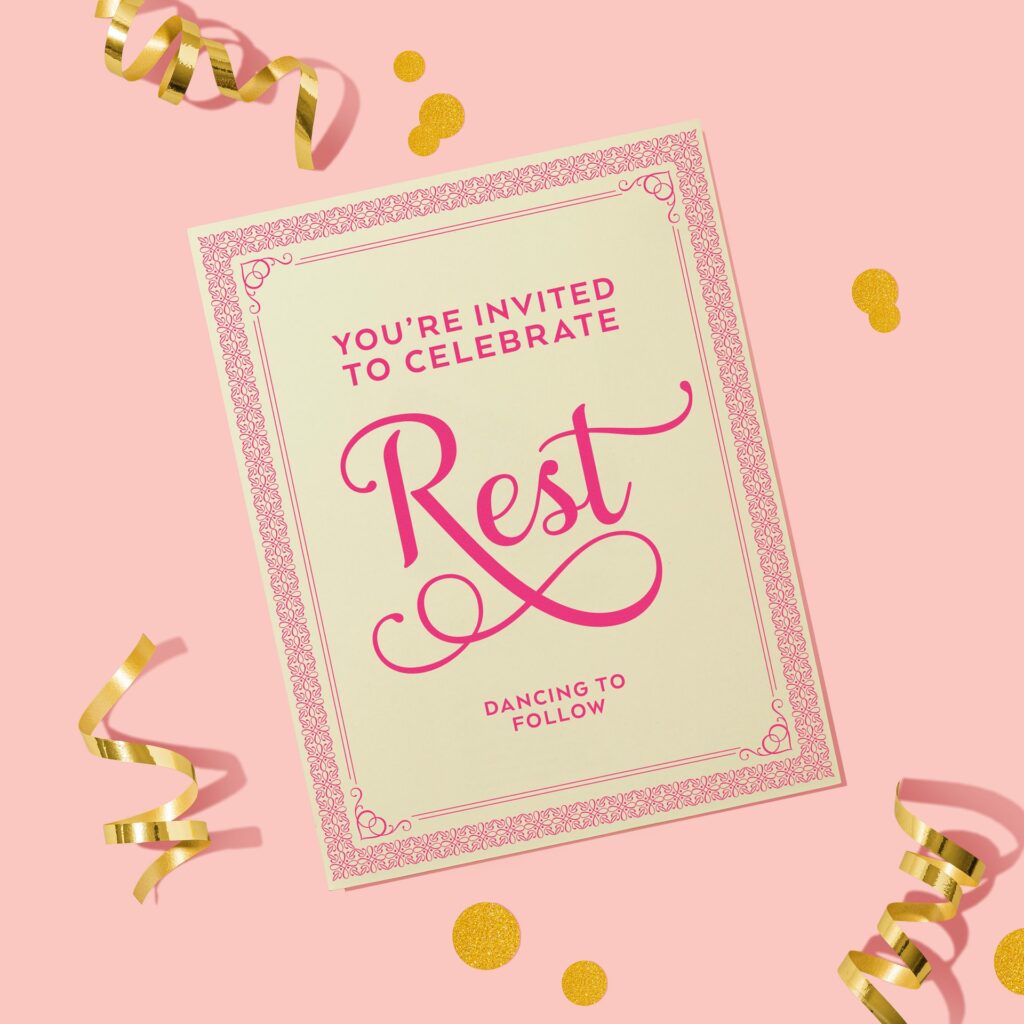 Card on table with festive ribbon, reads: "You're invited to celebrate - REST - dancing to follow"
