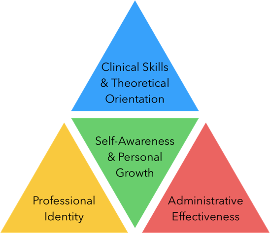 A diagram containing four triangles listing the four elements of the clinical training triangle