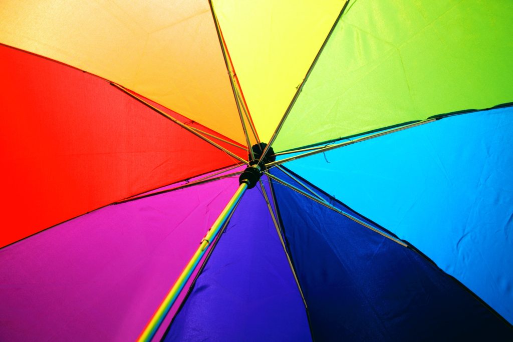 Umbrella with panels in different rainbow colors