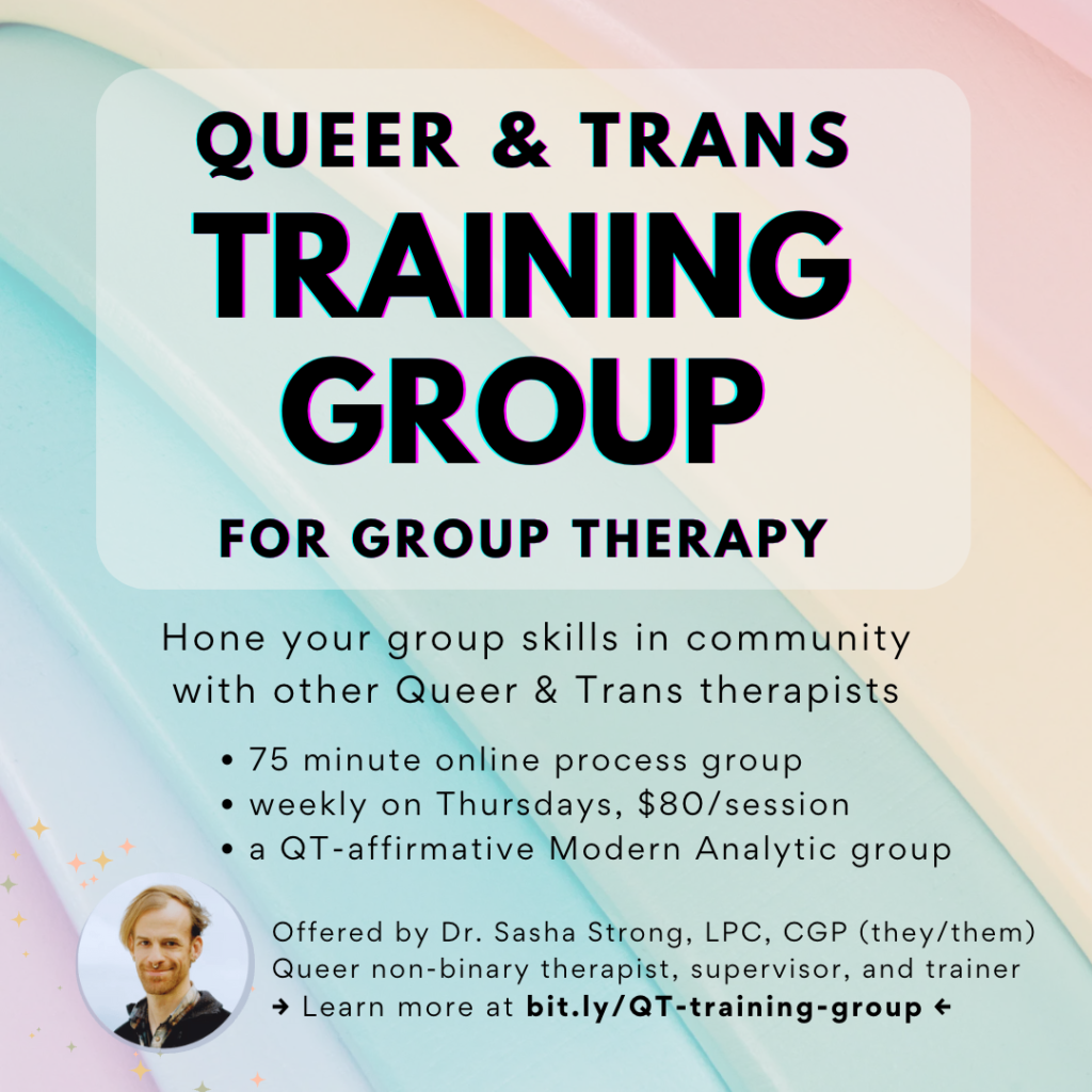 A flyer for the training group, with a rainbow background and a photo of Sasha Strong in the lower-left corner.