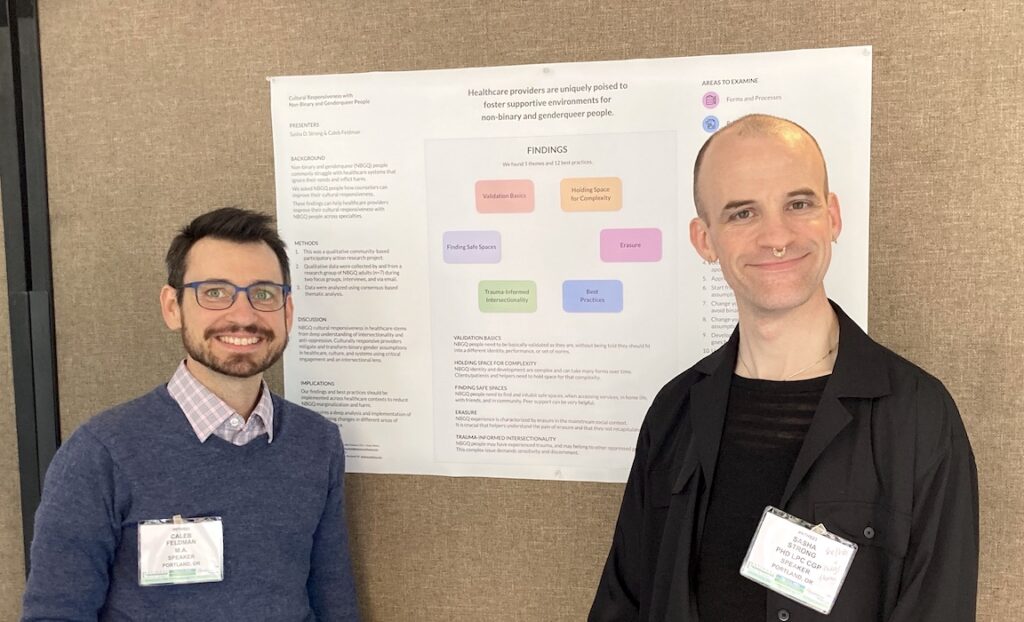 Caleb Feldman and Sasha Strong standing in front of their poster on NBGQ cultural responsiveness. Caleb is a white man with short dark hair and a beard and mustache wearing glasses, a button-down shirt, and a blue sweater. Sasha is a white non-binary transfeminine person with a shaved head, small gold earrings, a nose septum piercing, a small gold necklace, and black sweater and shirt dress. They are both wearing nametags from the 2023 National Trans Health Conference.